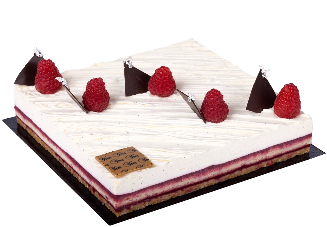 Flocon pour 4 ou 6 personnes : croustillant riz soufflé, biscuit pâte à choux, compoté de framboises, mousse vanille de Madagascar et coulis fruits rouges.